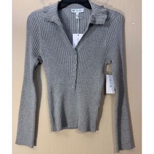 Jessica Simpson Ribbed Top Women L Gray Preppy Ruffle Collar Long Sleeve NEW